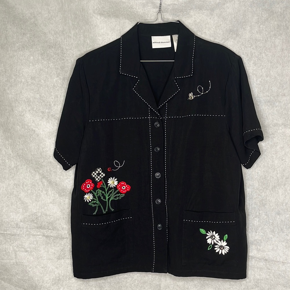 Black embroidered womens button up shirt